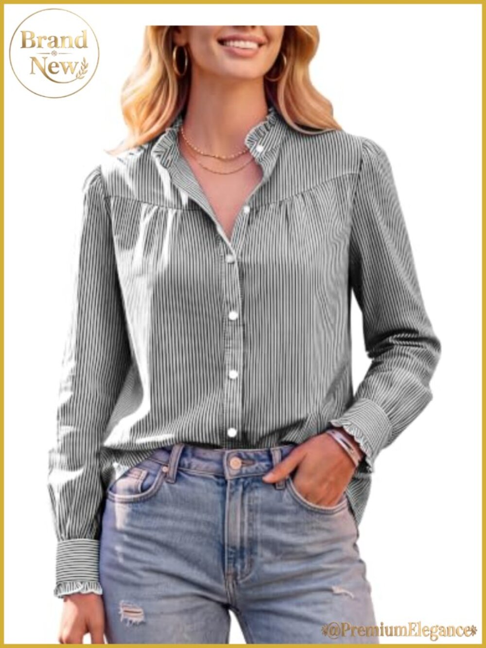 Striped Button Down Blouse Ruffle Collar Long Sleeve Office Casual